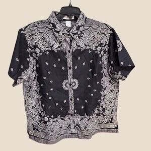 Maggie &‎ Max Womens XL Black White Paisley Bandana Print Cotton Button Down Top